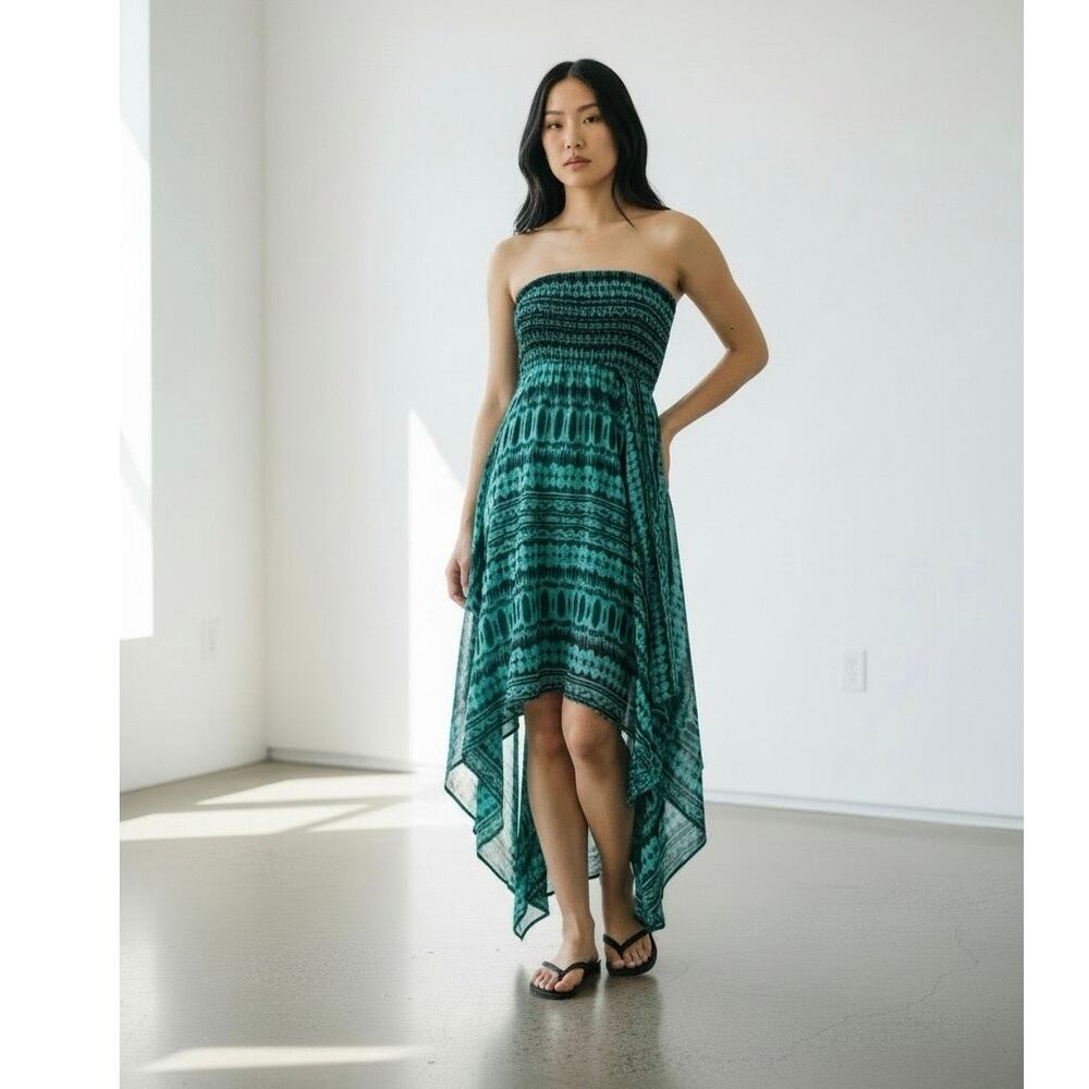 VTG Deb Y2K Teal &‎ Black Smocked Strapless Handkerchief Hem Dress Whimsigoth M